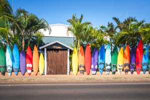 Paia Town shopping surf boards