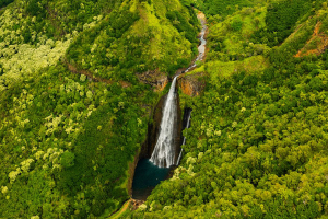 Jurassic Falls in Kauai Helicopter view